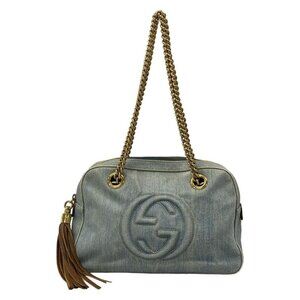 Gucci Shoulder Bag Soho Light Blue Dark Brown Chain Tassel X
